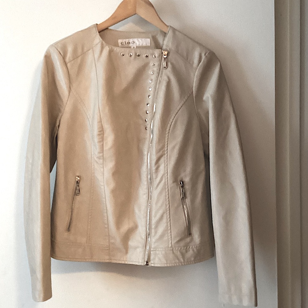 Cleo Cropped Vegan Leather Moto Jacket Neutral Beige Size XS - Picture 4 of 8